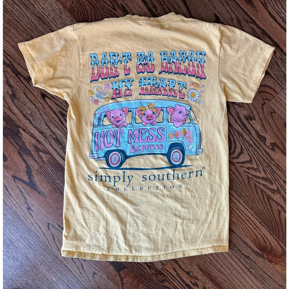 Simply Southern Collection Don't Go Bacon My Heart Size Small Yellow Tee - Picture 3 of 4